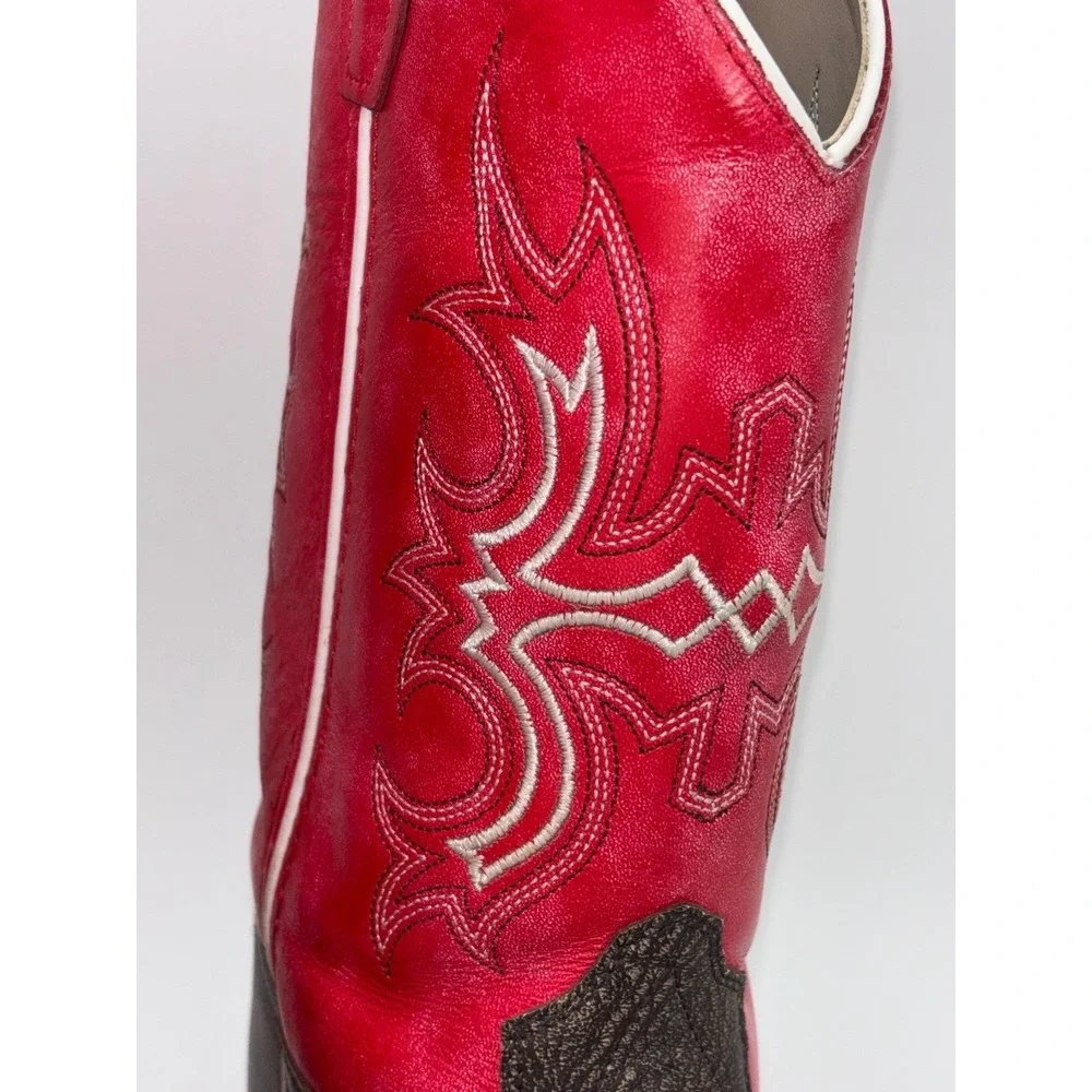 OLD WEST Red Cowboy Boot Western Square Toe Leather Brown‎ Boy Kids Girl Youth 6